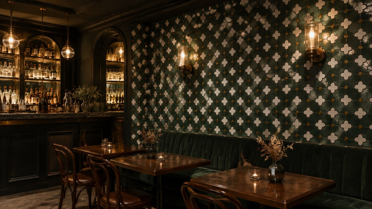 French vintage plum blossom mosaic tile - wine bar accent wall